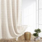 Boho Farmhouse Shower Curtain Beige Cream Thick Linen Fabric Luxury French Country Bathroom Shower Curtains Set Modern Bohemian Chic, 72x72 Waterproof Cloth Shower Curtain Set with Hooks, Beige/Cream