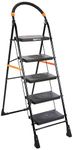 Amazon Basics Clamber - Foldable Step Ladder, Safety-Clutch Lock, Ribbed Steps, Knee Guard, Non-Marring PVC Shoes, 5 Steps (Steel, Black & Orange)