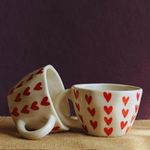 Kawai Homes Handmade Cute Red Hearts Ceramic Cups Set of 4 for Couples Kids Chai Tea Coffee Microwave Aesthetic Handpainted Cups (330 ml, Pack of 4)