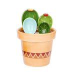 Cute Cactus Measuring Spoons Set in Pot Organizer,5 Pieces Ceramic Measuring Cups Set for Kitchen Dry Wet Ingredients, Liquid Food,Salt and Sugar,Kawaii Cactus Figurine Spoon with Base Cup (Blue)