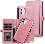 Cavor for iPhone 11 Wallet Case,2 in 1 Magnetic Detachable Case Leather Flip Cover with Stand Feature & Card Slots & Wristlet Strap (6.1")-Pink