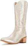 IUV Women Rhinestone Cowboy Boots Sparkly Western Cowgirl Boots Embroidered Knee High Chunky Heel Mid Calf with Side Zipper, Multi-color, 9