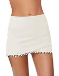 GRAPENT Women's High Waisted Bikini Bottoms Ruched Swimsuit Tulip Hem Swim Skirt, E Mid Waist Tassels Ivory, Large