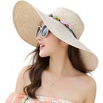 Lanzom Womens Wide Brim Summer Straw Hat Floppy Foldable Roll up Cap Beach Sun Hats UPF 50+, Style A-khaki, One Size