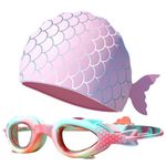 PORUPAEL Kids Swimming Goggles and Cap Set Mermaid Swim Goggles Anti Fog No Leak Pool Goggles Silicone Swimming Hat Adjustable Sea Swimming Goggles for Kids Boys Girl Age 3-12 (Pink)