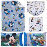 Disney Mickey Mouse Blue, Gray, Red, and White, Donald Duck, and Goofy Having Fun 4 Piece Toddler Bed Set - Comforter, Fitted Bottom Sheet, Flat Top Sheet, and Reversible Pillowcase