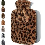 Qomfor Hot Water Bottle with Fluffy Cover - Soft Premium Faux Fur Cover - 1.8L Large Capacity - Hot Water Bag for Cosy Nights, Pain Relief, Back, Neck and Shoulders - Great Gift - Brown Leopard Print