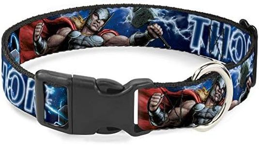 Marvel Comics Collier pour Chien avec Boucle en Plastique Marteau de Thor Avengers, Pose d'action Galaxy Blues Blanc, 21,6 à 30,5 cm de Large