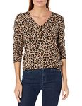 Amazon Essentials Women's Standard Lightweight V-Neck Sweater, Camel Heather Animal Print, Small