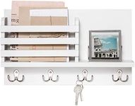 Dahey Wall Mounted Mail Holder Wooden Key Holder Rack Mail Sorter Organizer with 4 Double Key Hooks and A Floating Shelf Rustic Home Decor for Entryway or Mudroom,15.7" W x9.3 Hx3.2 D, White