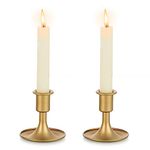 Gold Taper Candle Holder Set of 2, Hewory Short Skinny Brass Candlestick Holders, Vintage Small Low Metal Candles Sticks for Wedding Centerpieces Christmas Birthday Party Holiday Dinning Table Decor