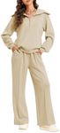 Aleumdr Womens 2 Piece Outfits Sweatsuits Fleece Lounge Set Quarter Sweatshirt Matching Set Oversized Pullover Wide Leg Sweatpant Tracksuits 2024 Fall Casual Travel Clothing Set Beige