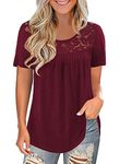 RANPHEE Womens Burgundy Summer Short Sleeve Tops Casual Lace Tunic Tops Loose Fit T Shirts L