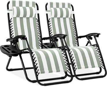 Best Choice Products Set of 2 Adjustable Steel Mesh Zero Gravity Lounge Chair Recliners w/Pillows and Cup Holder Trays - Sage Green Striped
