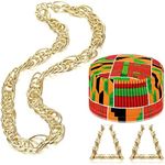 Yinkin 3 Pcs Hip Hop Costume Set African Kente Kufi Hat Gold Rope Chain Necklace Hollow Triangle Bamboo Earrings 90s Hip Hop Jewelry for Men Women Rapper Accessory Halloween