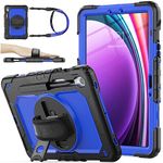 SEYMAC stock Case with Screen Protector Pencil Holder [360 Rotating Hand Strap] &Stand, Drop-Proof Case for Galaxy Tab S9 11''/ S9 FE 10.9'', Blue+Black