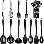 Silicone Kitchen Utensils Set - 12pcs Cooking Utensils Set with Holder, BPA Free Food Grade Non Stick Coating Silicone Spatulas Kitchen Utensils, Heat Resistant & Easy Clean, Black