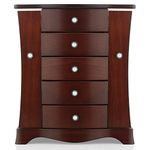 RR ROUND RICH DESIGN Jewelry Box - Made of Solid Wood with Tower Style 4 Drawers Organizer and 2 Separated Open Doors on 2 Sides and Large Mirror Brown