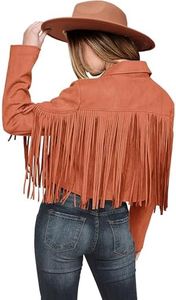 PRETTYGARDEN Women's Fringe Faux Suede Leather Jackets 2024 Fashion Tassel Motorcycle Cropped Coats (Orange,XX-Large)