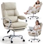 LEAGOO Home Office Desk Chairs with Foot Rest, Fully Reclining Ergonomic Executive Office Chair with Armrests, High Back PU Leather Comfy Swivel Computer Chair with Wheels and Lumbar Support, White