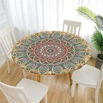 FANSU Round Tablecloth 90 cm, Round Table Cloth Wipe Clean Mandala Elastic Edged Waterproof Polyester Gold Green Table Cover for Outdoor Picnic Garden Kitchen