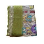 Butter Buds Women Beautiful Pure Dola Lichi Soft Silk Pencil Jacquard Jari Weaving Pattu Border Fabric Digital Puchwai Printed Kalamkari Saree With Attached Blouse for Function/Festival Use (Green)