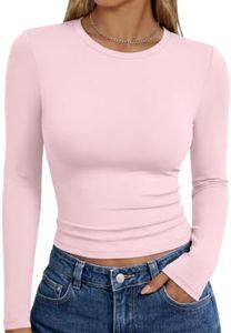 Trendy Queen Womens Long Sleeve Shirts Basic Crop Tops Tight Slim Fit Cute Teen Girls Fall Winter Y2k Clothes Pink L