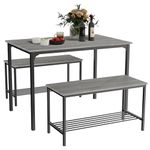 PULUOMIS Dining Table with 2 Bench Set, Kitchen Table and Benches Set with Storage Shelf, 3 Piece Dining Room Set for Kitchen, Modern Design for Home Bistro Patio Garden, Grey