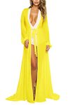 Pink Queen Women's Long Sleeve Flowy Maxi Bathing Suit Swimsuit Tie Front Robe Cover Up Yellow 2XL