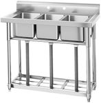 Gaomon Stainless Steel Sink, Commercial Kitchen Prep & Utility Sink Free Standing 3-Compartment with Shelf for Restaurant Laundry Garage Bar Workshop(3 Compartment with Shelf, 38.9"L x 17.7"W x 37"H)