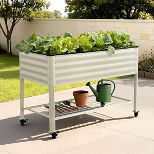 Green Fingers Elevated Raised Garden Bed Mobile with Locking Wheels and Storage Shelf 100KG Max Load | Galvanized Steel, Portable Organizer for Seniors Patio Balcony Vegetables,115x60x81cm,White