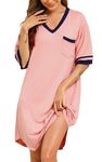 Vlazom Women's Nightgown V Neck Sleep Shirt Oversized Nightdress Short Sleeve Casual Loungewear Sleepwear Dusky Pink,M