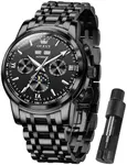 Olevs Watch Men Watches For Men Wrist Luxury Waterproof Skeleton Moon Phase Watches Black Stainless Steel Big face Watches for Men Date Day Automatic Chronograph Mechanical Self Winding Up Watch,reloj