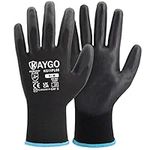 KAYGO Work Gloves PU Coated-12 Pairs, KG11PB, Black Safety Working Gloves with Secure Grip on Palm & Fingers, for Men and Women, Ideal for General Duty Work, Gardening (Medium, Black)