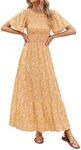 ZESICA Women's 2023 Summer Casual Floral Print Short Flutter Sleeve Crew Neck Smocked High Waist Flowy Maxi Dress, Yellow, Small