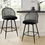 Bekrvio Counter Height Bar Stools Set of 2 Swivel Barstool with Black Rattan Cane Backs, 26" Boucle Fabric Upholstered Counter Stools for Kitchen Island, Boho Mid-Century Modern Bar Chairs, Black