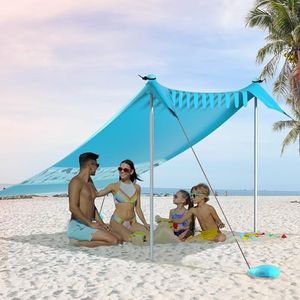 VILLEY Beach Tent Sun Shelter with UPF50+ Protection for 5 Person, 8x7FT Portable Sun Shade with 2 Stability Poles and 4 Sandbags, Outdoor Beach Canopy for Camping, Picnics, Fishing, Outdoors(Blue)