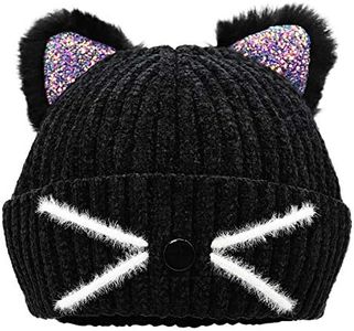 Bellady Mother Children Sequin Cat Ears Hats Warm Knit Crochet Beanies Cute Fashion Skull Cap,Adult_Black