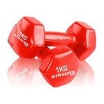 Strauss Vinyl Dumbbell Set for Men & Women |Ideal Home & Gym Workout |Non-Slip Grip, Compact & Portable | Fitness Gym Equipment for Strength Training, Bodybuilding, & Aerobics|1Kg Each, 2Kg Pair,(Red)