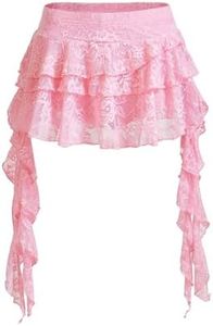 Women's Y2K Mini Skirt Ruffle Lace Asymmetrical Cute Skirts Layered Flowy Pleated Skort with Shorts (Pink, Large)