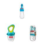 Fisher-Price Squeezy Silicone Food Feeder, Blue, 125ml & Fisher-Price Ultra Care Food Nibbler with Extra Mesh, Blue & Fisher-Price Ultra Care Training Spoon Set for Babies (Pack of 2, Blue)