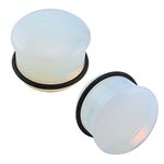 Single Flare Clear Opalite Moonstone Ear Plugs and Tunnels with O-Ring Stretcher Expander Pair