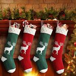 Dremisland Knitted Christmas Stockings 4 Pack, 20 Inch Large Xmas Stockings Reindeer Pattern Hanging Sock Gift Bag Rustic Personalized Stocking for Family Holiday Xmas Party Decorations