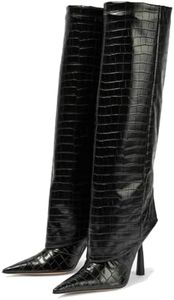 Vertundy Women's Fold Over Boots - Pointed Toe Stiletto Heel Slip On Knee High Boot Fashion Sexy Dress Boot Black Size 10