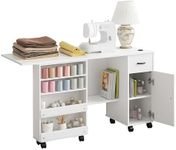 GAOMON Folding Sewing Machine Table with Storage Shelves and Sliding Drawer, Rolling Side Desk for Sewing Machine, Craft Station with Lockable Wheels for Home, Bedroom, Small Spaces, White