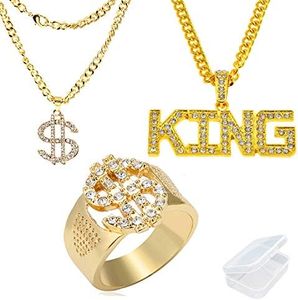 JinYu 3 Pack Mens Gold Plated Hip Hop Cz Inlay Dollar Sign Rings and Pendant Necklack and BOSS Sign Pendant Necklace with Box