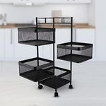 ACA International Kitchen Storage Trolley Cart, 4 Tiers Metal Utility Cart Trolley with Wheels, Steel Storage Shelf Rack Organiser Holder, Rolling Baskets with High Fence Pantry Storage Rack (Black)