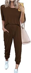 PRETTYGARDEN Women's Two Piece Outfit Short Sleeve Pullover with Drawstring Long Pants Tracksuit Jogger Set (Brown,Small)