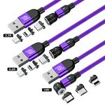 JJA 3 in 1 Magnetic Charging Cable, Pack of 3, [3.3ft+6.6ft+10ft, Purple] Multi Charger Cable, 360° & 180° rotation, Nylon Braided, 2.4A Fast Charger Cable for Smartphones Micro USB/Type C/Phone