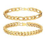 RLMOON 2Pcs Stainless Steel Bracelets for Men Gold Silver Cuban Link Figaro Rope Chain Bracelet Set Curb Width Sturdy Bracelet 7.5/8.3/9 Inches Jewelry Gifts for Dad Boyfriend Husband